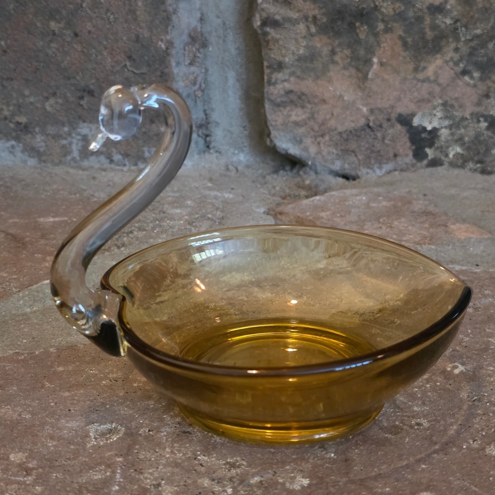 Vintage Amber Glass Swan Trinket Dish Hand Blown Clear Nut Bowl Soap towel tray